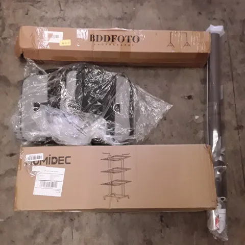 PALLET OF ASSORTED PRODUCTS TO INCLUDE; HOMIDEC STORAGE SHELF - BDDFOTO PHOTOGRAPHY STAND - GREY ROLLER BLIND ECT