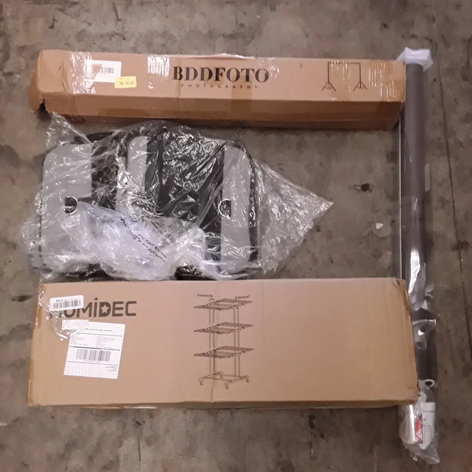 PALLET OF ASSORTED PRODUCTS TO INCLUDE; HOMIDEC STORAGE SHELF - BDDFOTO PHOTOGRAPHY STAND - GREY ROLLER BLIND ECT 