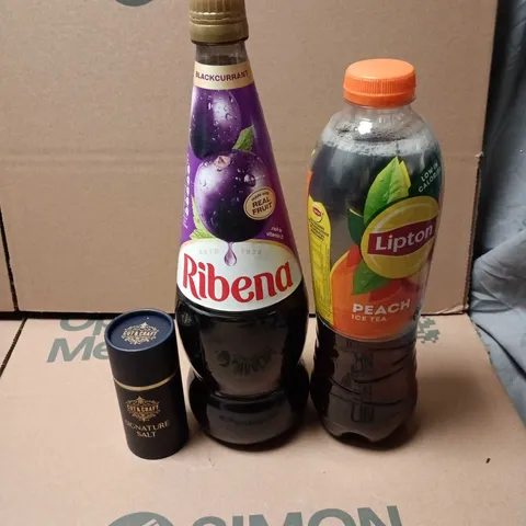 APPROXIMATELY 5 ASSORTED FOOD AND DRINK ITEMS TO INCLUDE RIBENA, LIPTON PEACH TEA ETC