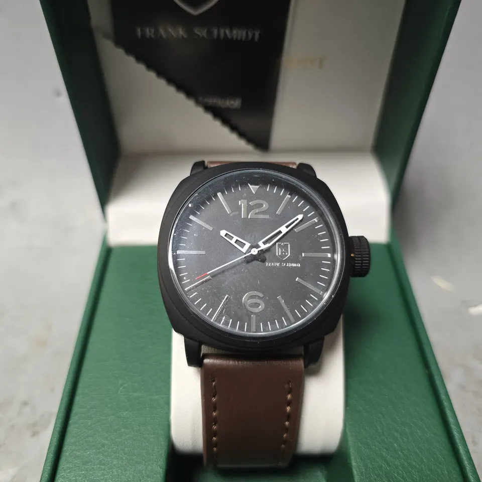 FRANK SCHMIDT WATCH – LARGE BLACK CASE – BLACK PILOT DIAL 3ATM WATER RESISTANT – GIFT BOX INCLUDED