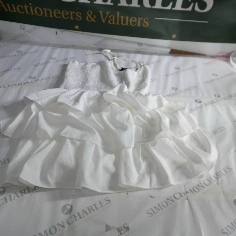 PRETTY LITTLE THING WHITE SHIRRED HALTERNECK TIERED SHIFT DRESS SIZE 8