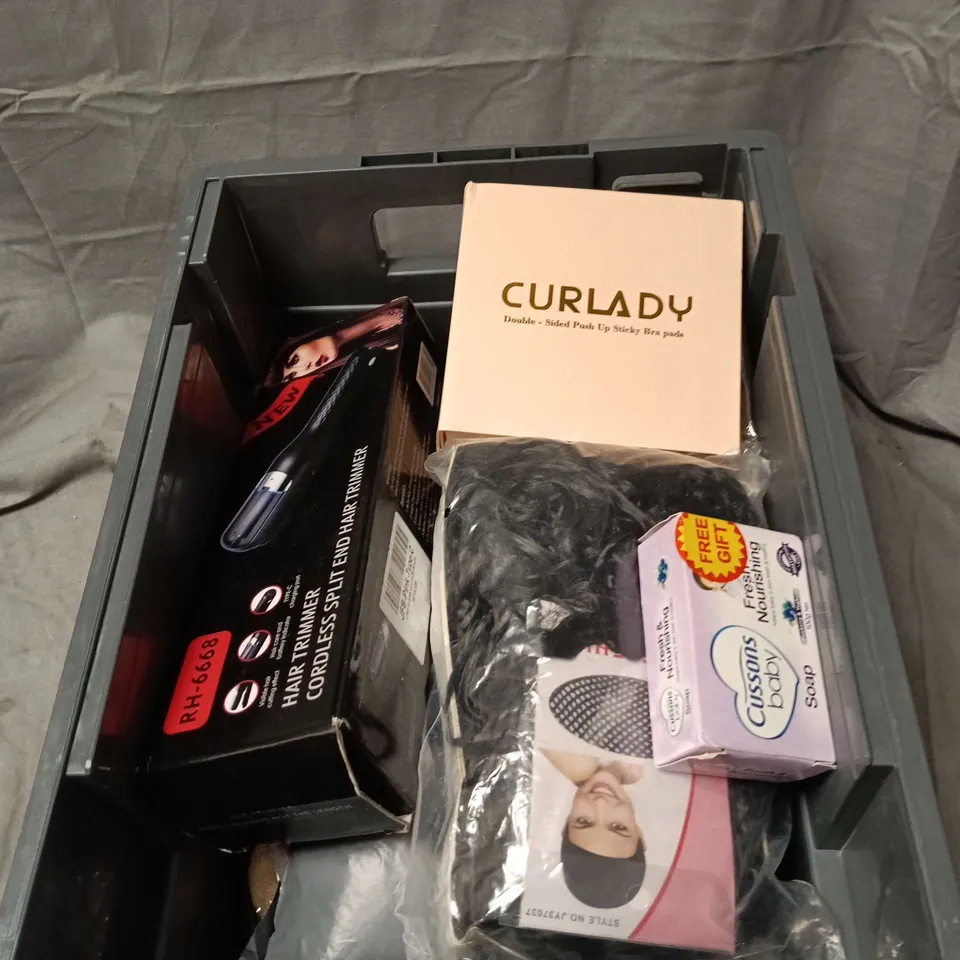 APPROXIMATELY 10 ASSORTED COSMETIC ITEMS TO INCLUDE BABY SOAP, CORDLESS SPLIT END HAIR TRIMMER, WIGS, BRA PADS ETC