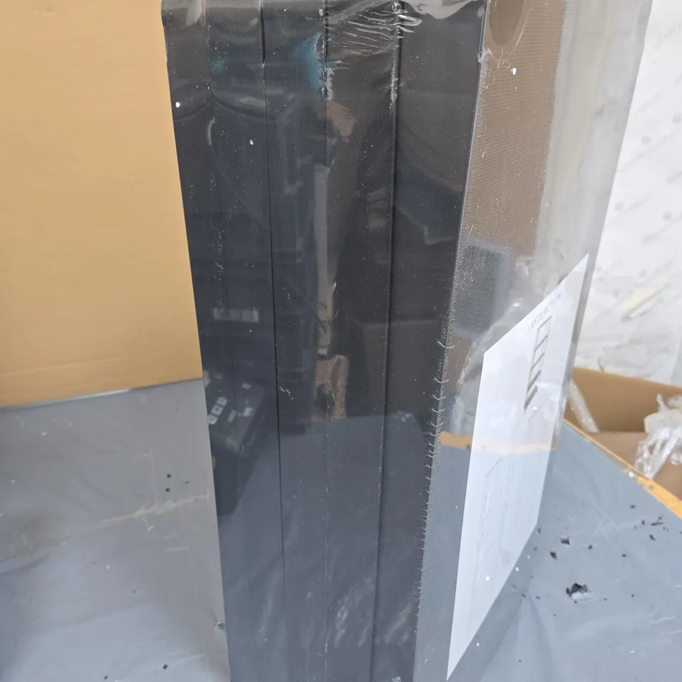 BLACK PLASTIC FIVE-SHELF STORAGE UNIT WITH INSTRUCTION SHEET