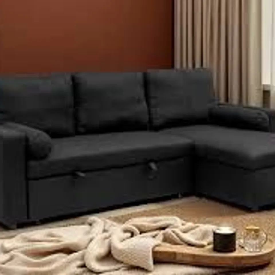 BOXED MANHATTAN BLACK 3 SEAT CORNER SOFA BED (2 BOXES)