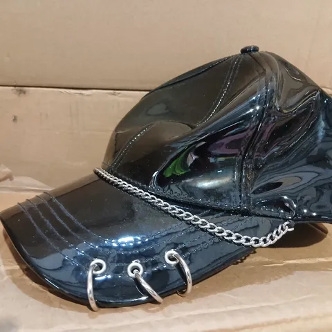 KOI MALEVOLENT BLACK PATENT PUNK CAP WITH CHAIN DETAIL