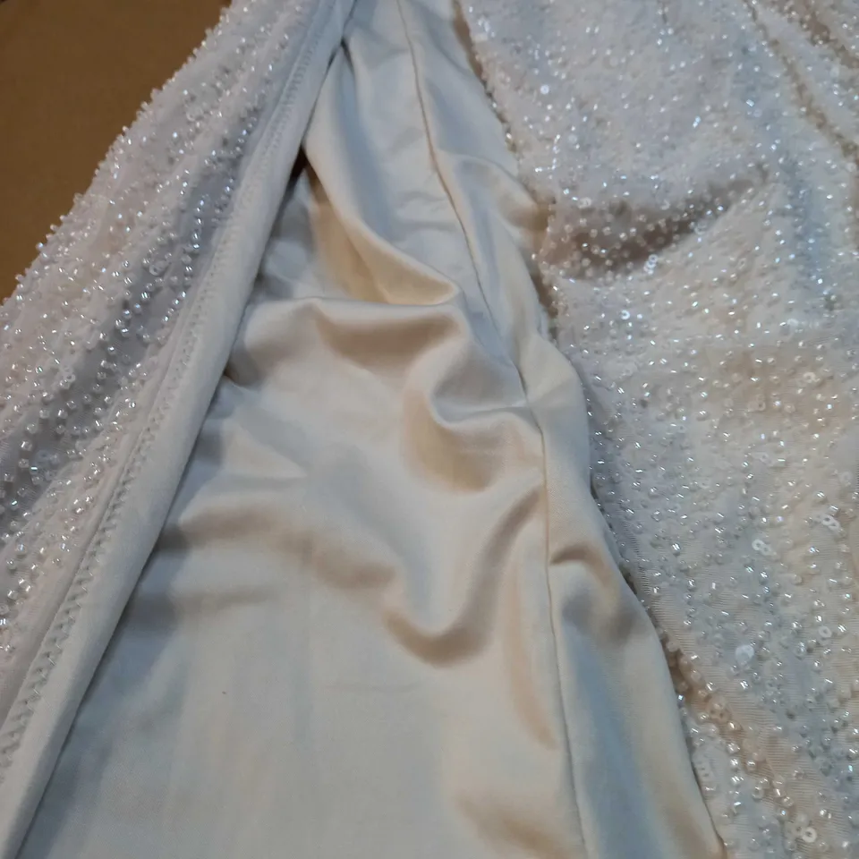OH POLLY IVORY/BEAD DETAILED HALTER NECK HIGH SPLIT STATEMENT MIDI GOWN - SIZE 14