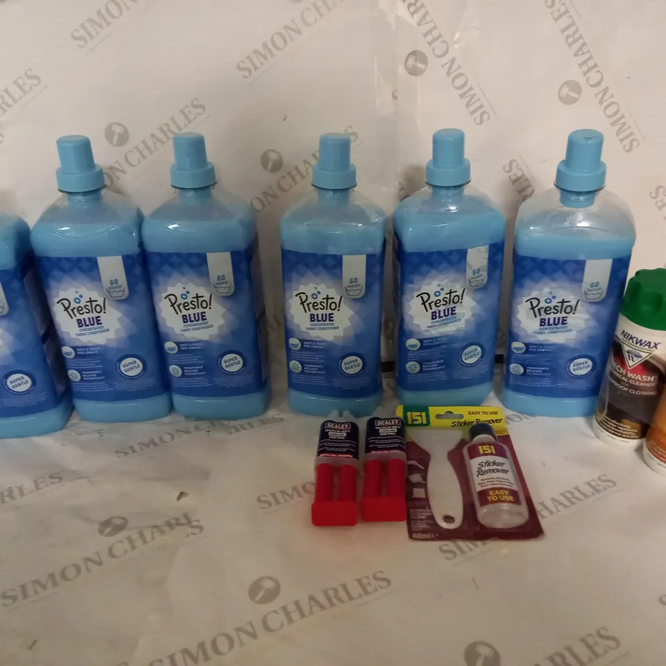 LOT OF APPROXMATELY 11 ITEMS TO INCLUDE 6 PRESTO BLUE CONCENTRATED FABRIC CONDITIONER, NIKWAX WATERPROOFING TWIN PACK, 151 STICKER REMOVER, 2 SEALEY QUICK-SET LIQUID METAL