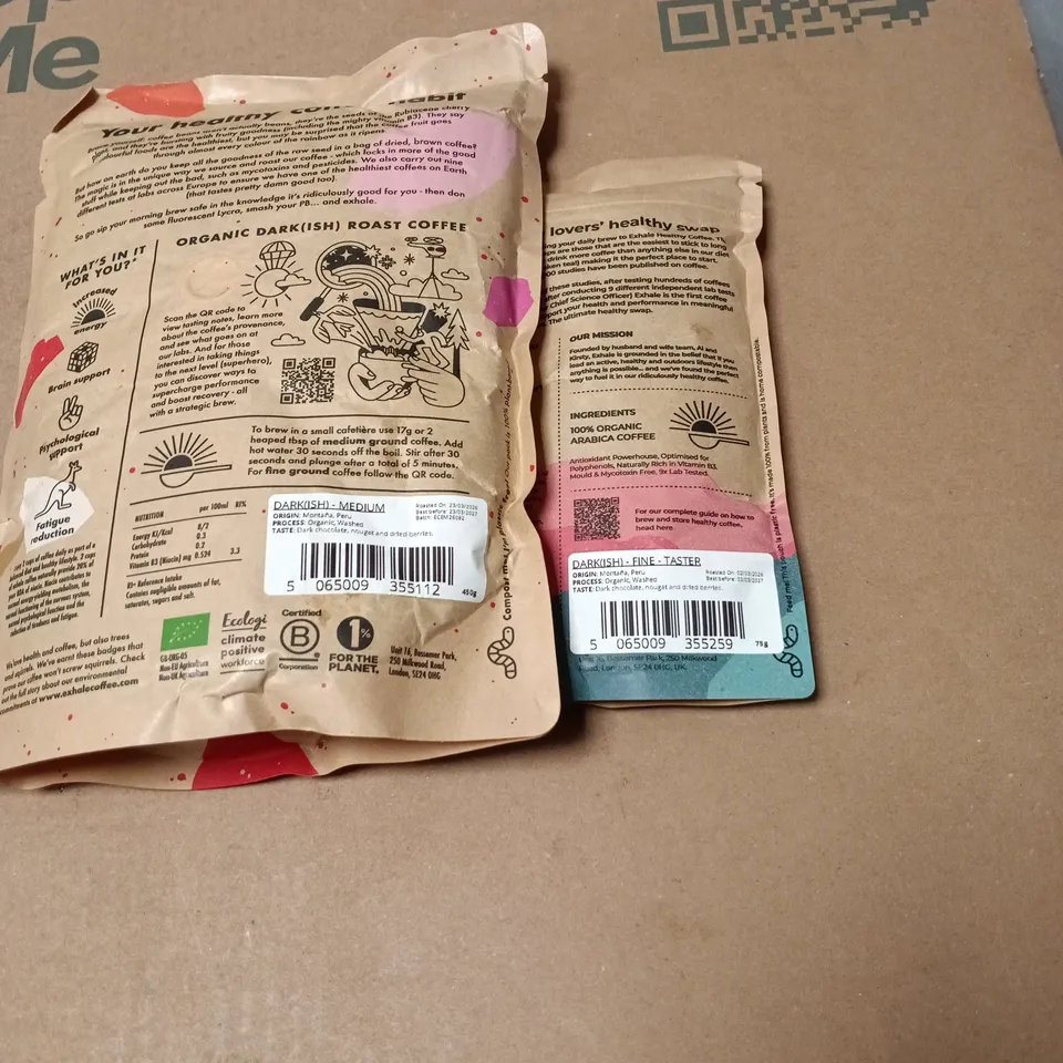 2 X EXHALE COFFEE PRODUCTS TO INCLUDE ORGANIC DARK(ISH) ROAST 450G