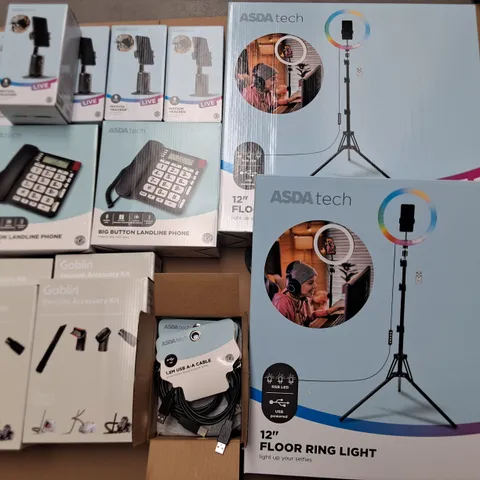 LOT OF 14 ASSORTED BRAND NEW HOUSEHOLD ITEMS TO INCLUDE 12" RING LIGHT AND MOTION TRACKERS