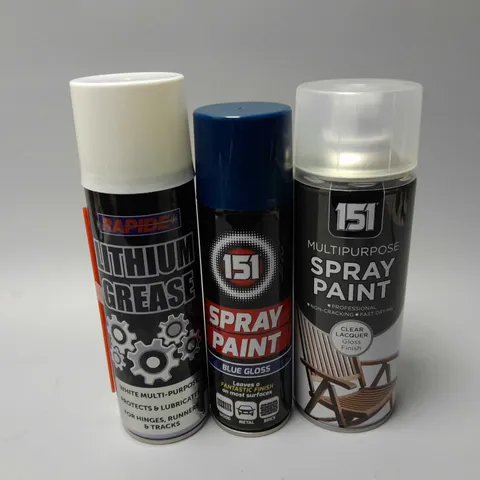 APPROXIMATELY 25 ASSORTED AEROSOL SPRAYS TO INCLUDE 151 MULTIPURPOSE CLEAR SPRAY PAINT, RAPIDE LITHIUM GREASE, 151 SPRAY PAINT IN BLUE GLOSS, ETC - COLLECTION ONLY
