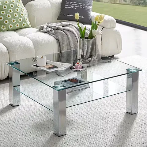 BOXED ASTON GLASS COFFEE TABLE SQUARE IN CLEAR WITH METAL LEGS (2 BOXES)