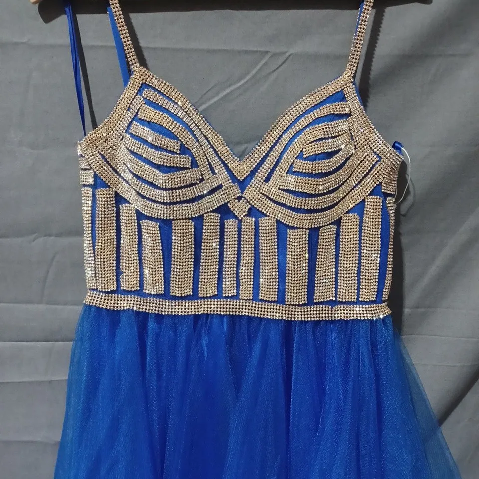 UNBRANDED TIE BACK FAUX CRYSTAL DETAIL RUFFLED MESH BOTTOM DRESS IN BLUE  - SIZE UNSPECIFIED