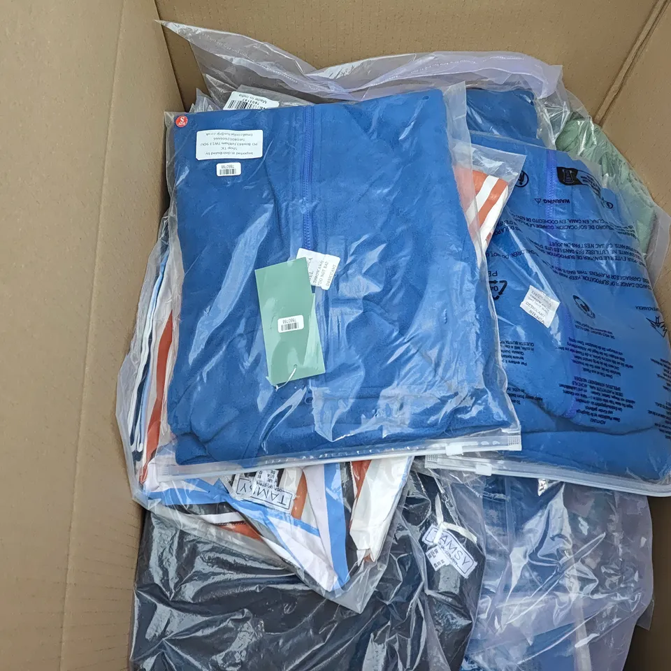 BOX OF APPROXIMATELY 30 ASSORTED CLOTHING ITEMS IN VARIOUS STYLES , SIZES AND COLOURS 