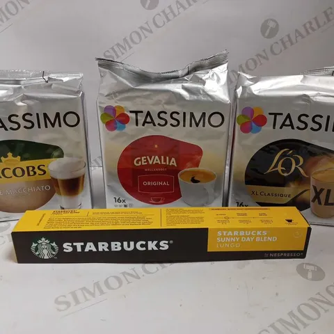 BOX OF APPROX 6 ITEMS TO INCLUDE TASSIMO COFFEE PODS IN ASSORTED FLAVOURS AND STARBUCKS COFFEE PODS