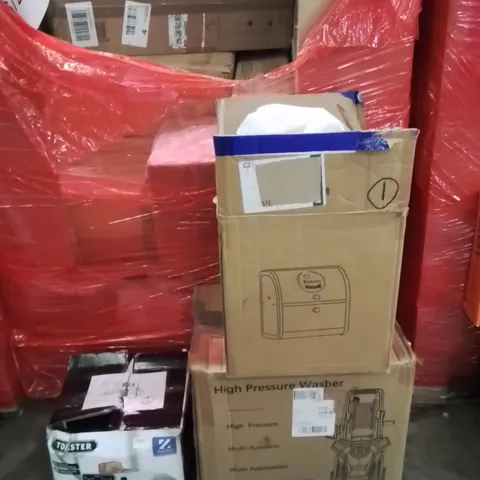 PALLET OF ASSORTED HOUSEHOLD GOODS AND PRODUCTS TO INCLUDE;PRESSURE WASHER,BREAD TIN,TOASTER