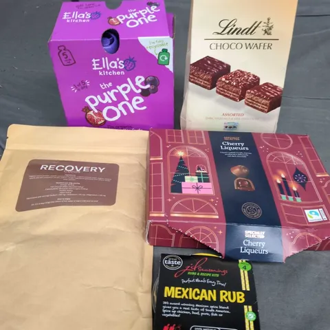 APPROXIMATELY 10 ASSORTED FOOD AND DRINK ITEMS TO INCLUDE MEXICAN RUB, ELLA'S KITCHEN THE PURPLE ONE AND LINDOR CHOCO WAFERS ETC