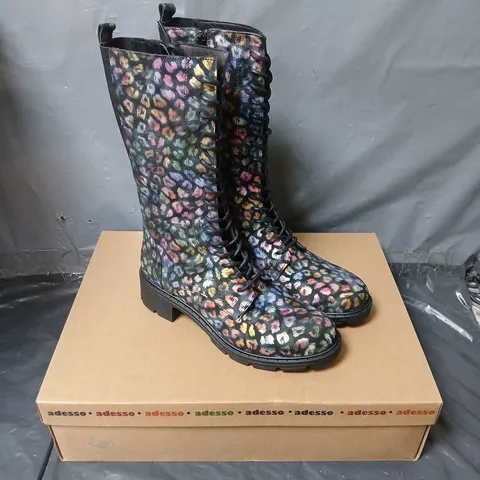 BOXED PAIR OF ADESSO ANIMAL PRINT BOOTS IN BLACK MULTI - SIZE 40