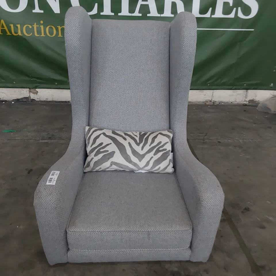 DESIGNER HIGH BACKED WINGED NIGHT PORTERS CHAIR GREY FABRIC WITH STUDDED DETAIL 