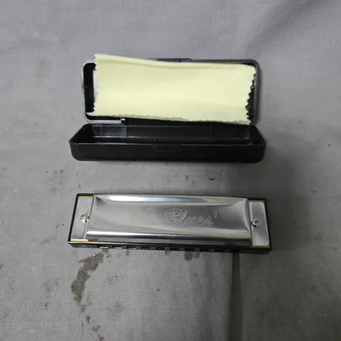 THE BLUES HARMONICA WITH CASE AND CLEANING CLOTH