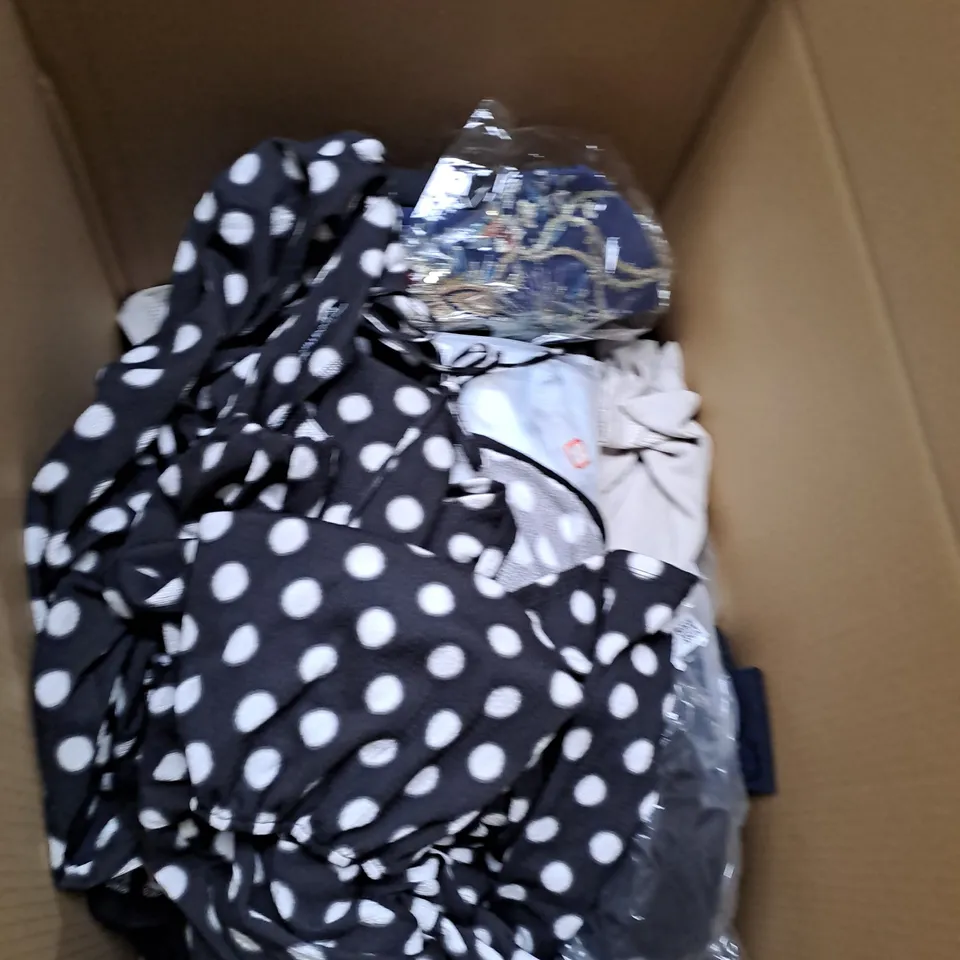 BOX OF ASSORTED CLOTHING ITEMS IN VARIOUS COLOURS, SIZES AND STYLES