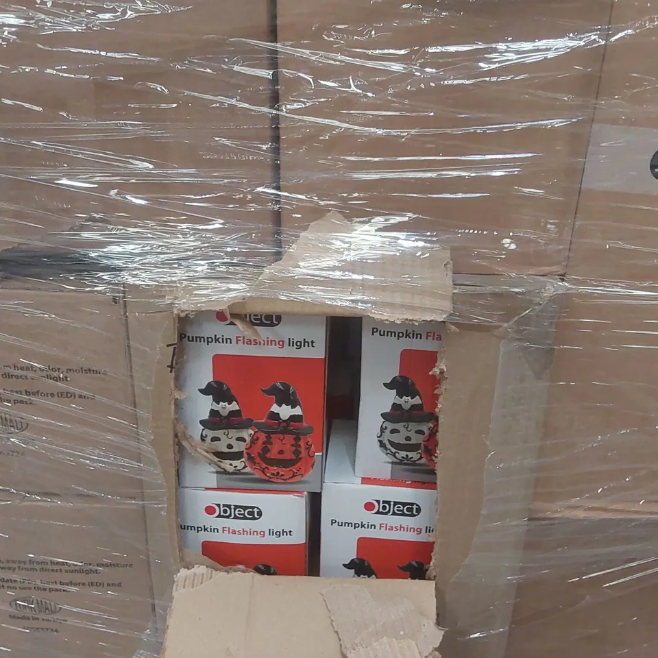 PALLET CONTAINING A LARGE QUANTITY OF ASSORTED ITEMS INCLUDING: APPROXIMATELY 4000 OGO LOLLIPOPS, 100 PUMPKIN LIGHTS, 450 MIXED SUNGLASSES, ASSORTED CAR MIST DEHUMIDIFIERS ECT