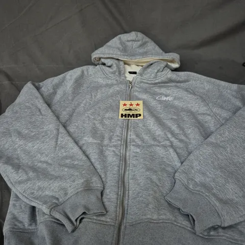 CORTIEZ GREY ZIP-UP HOODIE WITH EMBROIDERED LOGO – SIZE LARGE