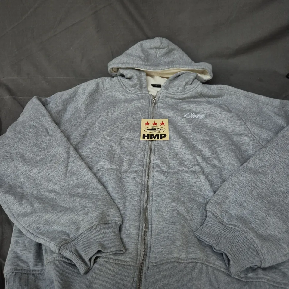 CORTIEZ GREY ZIP-UP HOODIE WITH EMBROIDERED LOGO – SIZE LARGE 
