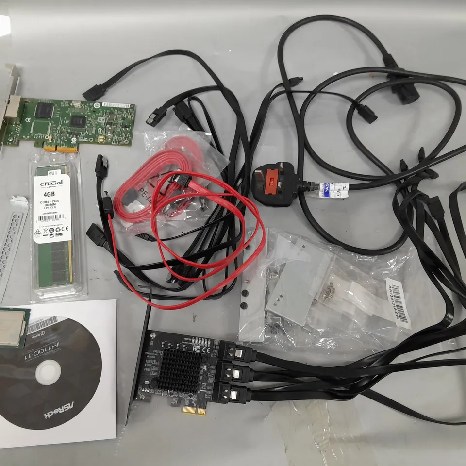 LOT OF ASSORTED COMPUTER PARTS TO INCLUDE CRUCIAL 4GB DDR4 RAM, INTEL PENTIUM G4400 3.3 GHZ PROCESSOR AND CABLES