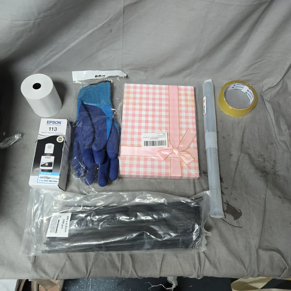APPROXIMATELY 25 ASSORTED HOUSEHOLD & OFFICE SUPPLIES LOT – TOILET PAPER ROLLS, GLOVES, GIFT WRAP, AND EPSON CARTRIDGE