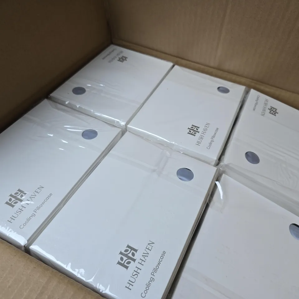 APPROXIMATELY 60 BOXED HUSH HAVEN COOLING PILLOWCASES IN SILVER COLOUR