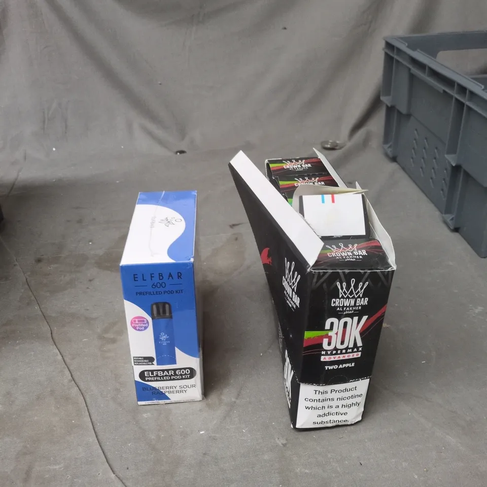 TOTE OF APPROXIMATELY 25 ASSORTED ELECTRONIC CIGARETTE ITEMS TO INCLUDE: ELFBAR 600 PREFILLED POD KIT 