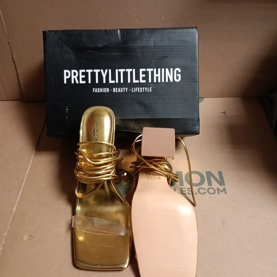 PRETTYLITTLETHING SANDALS – GOLD STRAPPY HIGH HEEL WITH NUDE FOOTBED (BOXED) - SIZE UK 6 