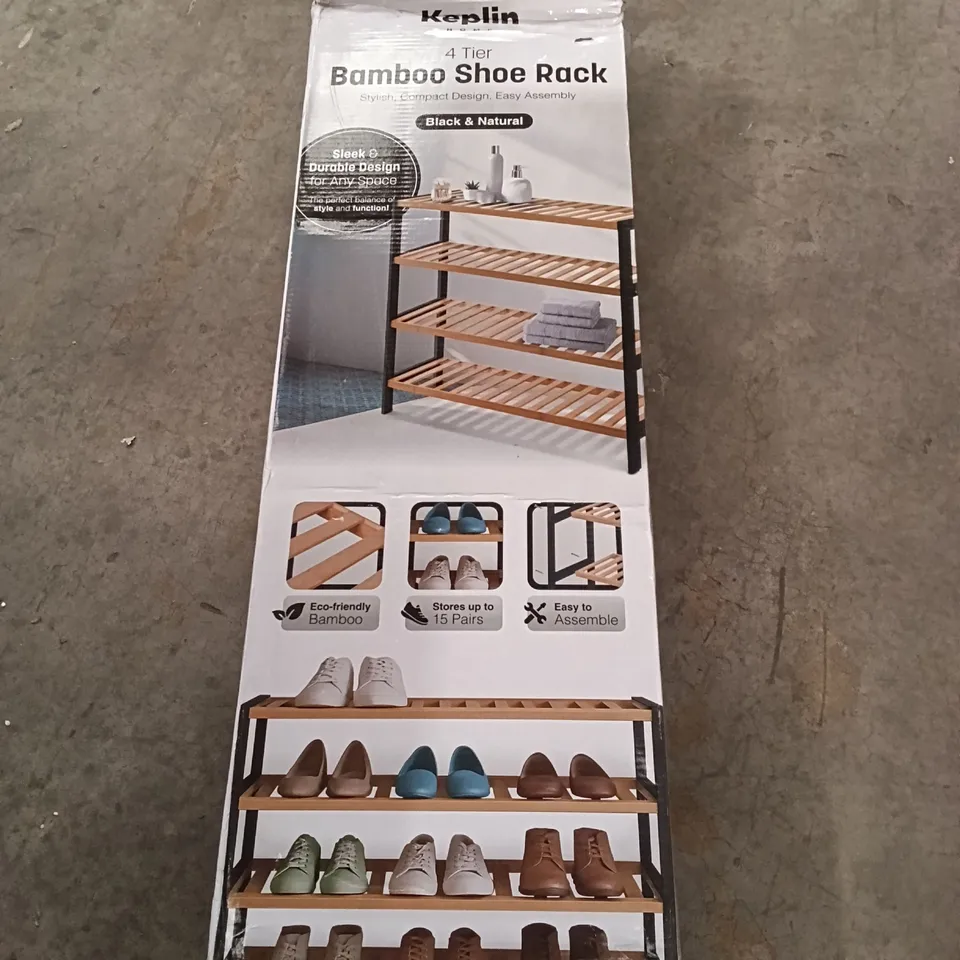 BOXED KEPLIN 4 TIER BAMBOO SHOE RACK - BLACK/NATURAL 