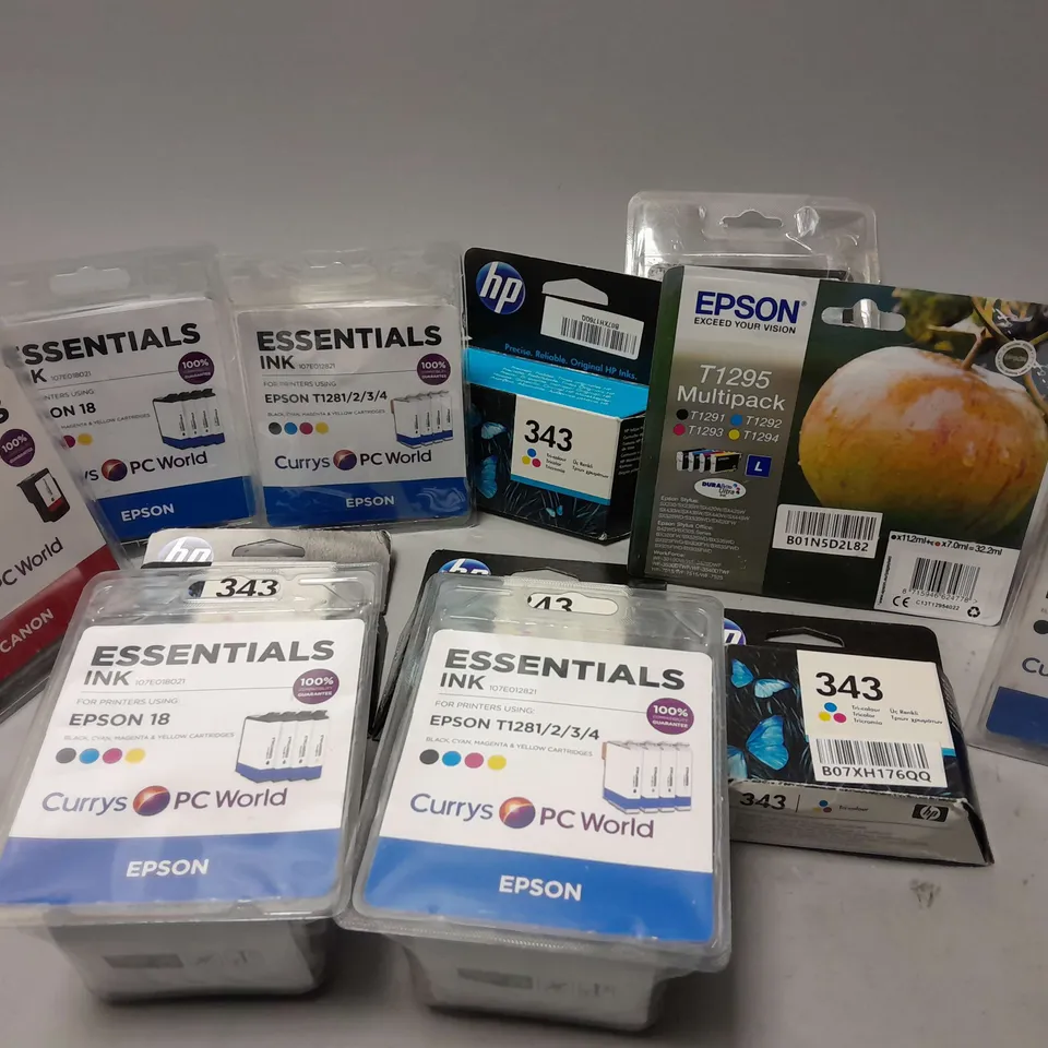 12 ASSORTED PRINTER INKS TO INCLUDE EPSON ESSENTIALS E-18 MULTIPACK, HP 343 TRI-COLOUR, EPSON T1295 MULTIPACK, ETC