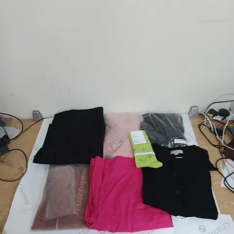 BOX OF ASSORTED CLOTHING ITEMS TO INCLUDE LEGGINGS, UNDERWEAR, TOPS ETC