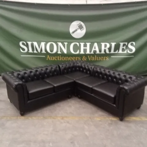 HAMPTON CHESTERFIELD FAUX LEATHER CORNER SOFA - BLACK