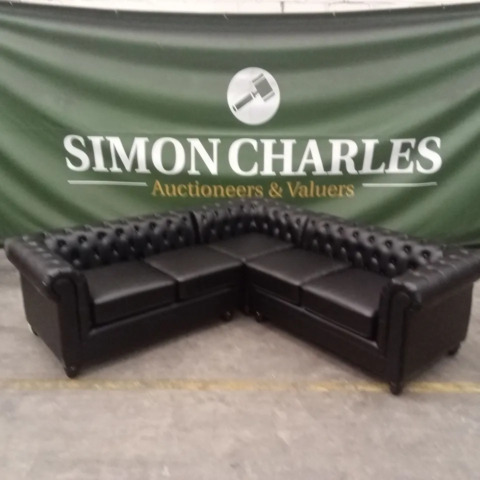HAMPTON CHESTERFIELD FAUX LEATHER CORNER SOFA - BLACK