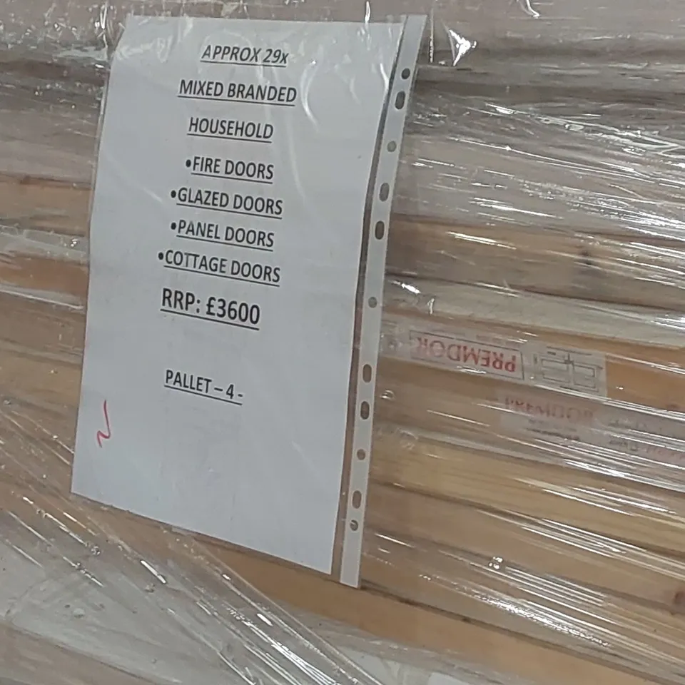 PALLET CONTAINING APPROXIMATELY 29x MIXED BRANDED HOUSEHOLD FIRE DOORS, GLAZED DOORS, PANEL DOORS, COTTAGE DOORS ECT