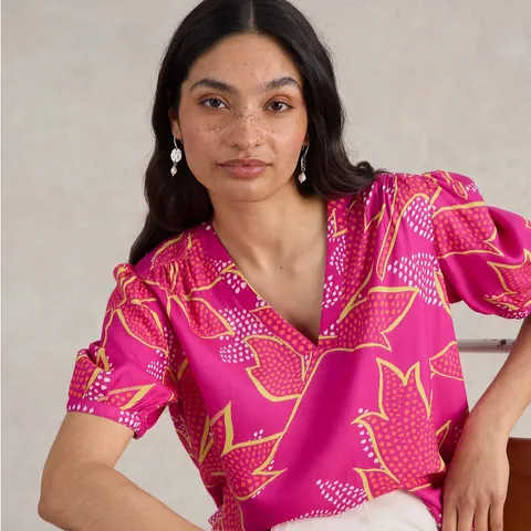 WHITE STUFF ELISA SHORT SLEEVE PRINTED TOP PINK SIZE 16