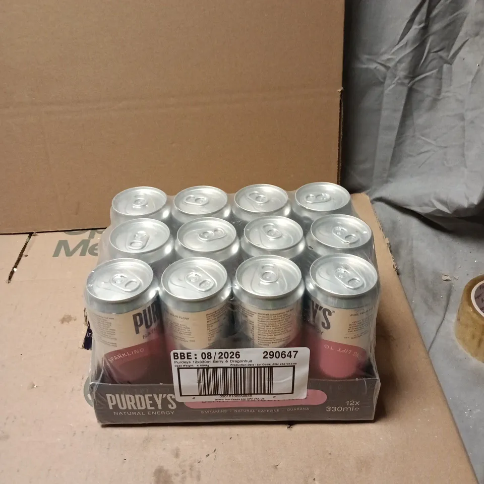 PURDEY’S NATURAL ENERGY DRINK – 12 × 330ML CANS, BERRY & DRAGONFRUIT (BBE 08/2026)