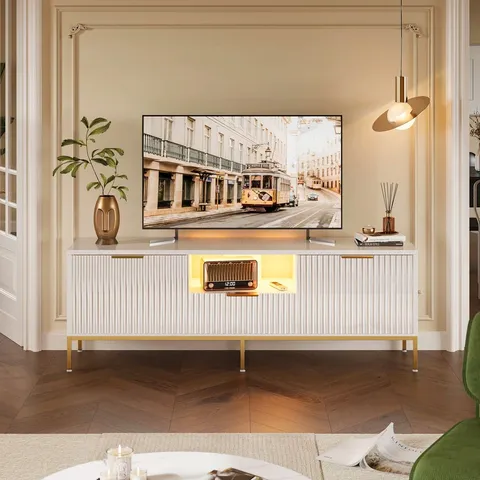 BOXED FLUTED TV STAND FOR 60 INCH TV, GLOSSY MEDIA CONSOLE WITH WAVE PATTERN - WHITE (1 BOX)