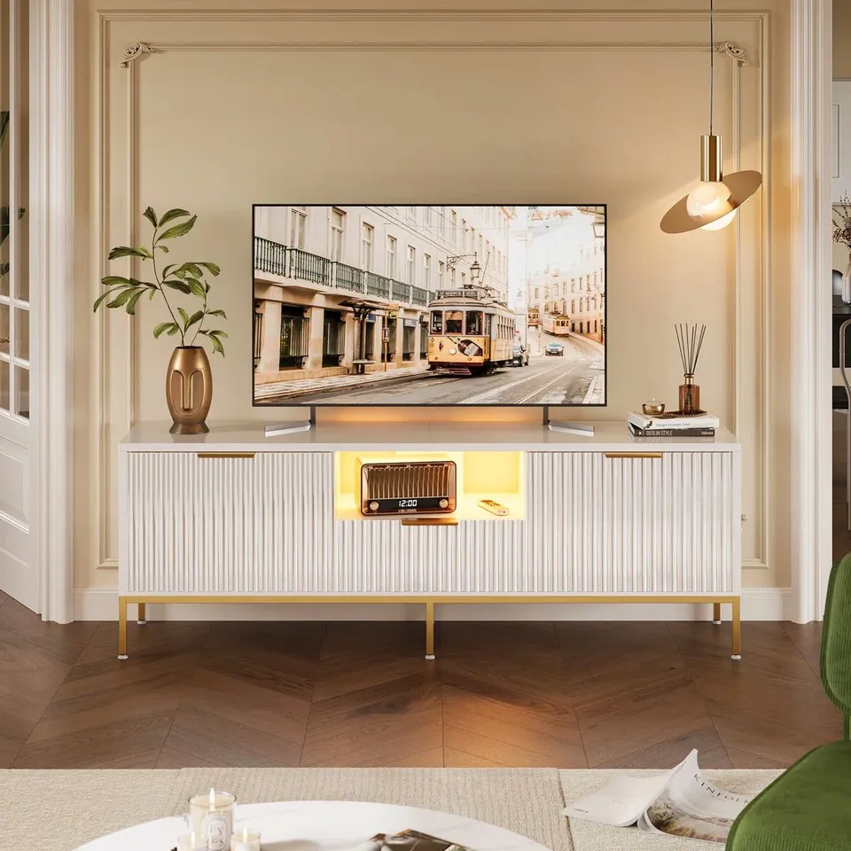 BOXED FLUTED TV STAND FOR 60 INCH TV, GLOSSY MEDIA CONSOLE WITH WAVE PATTERN - WHITE (1 BOX)