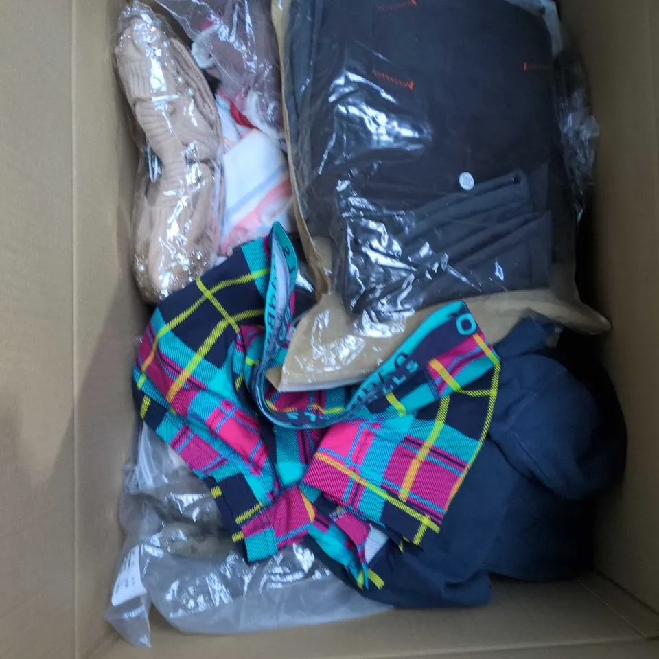 BOX OF APPROXIMATELY 20 ASSORTED CLOTHING ITEMS TO INCLUDE: ABERDEEN HAT AND SILVER TIE