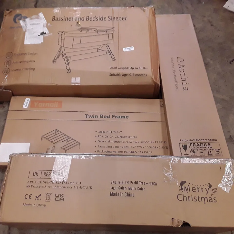PALLET OF ASSORTED PRODUCTS INCLUDING TWIN BED FRAME, BASSINET AND BEDSIDE SLEEPER, PRE LIT CHRISTMAS TREE, LARGE DUAL MONITOR STAND, MASTER CANOPY COMPACT CANOPY