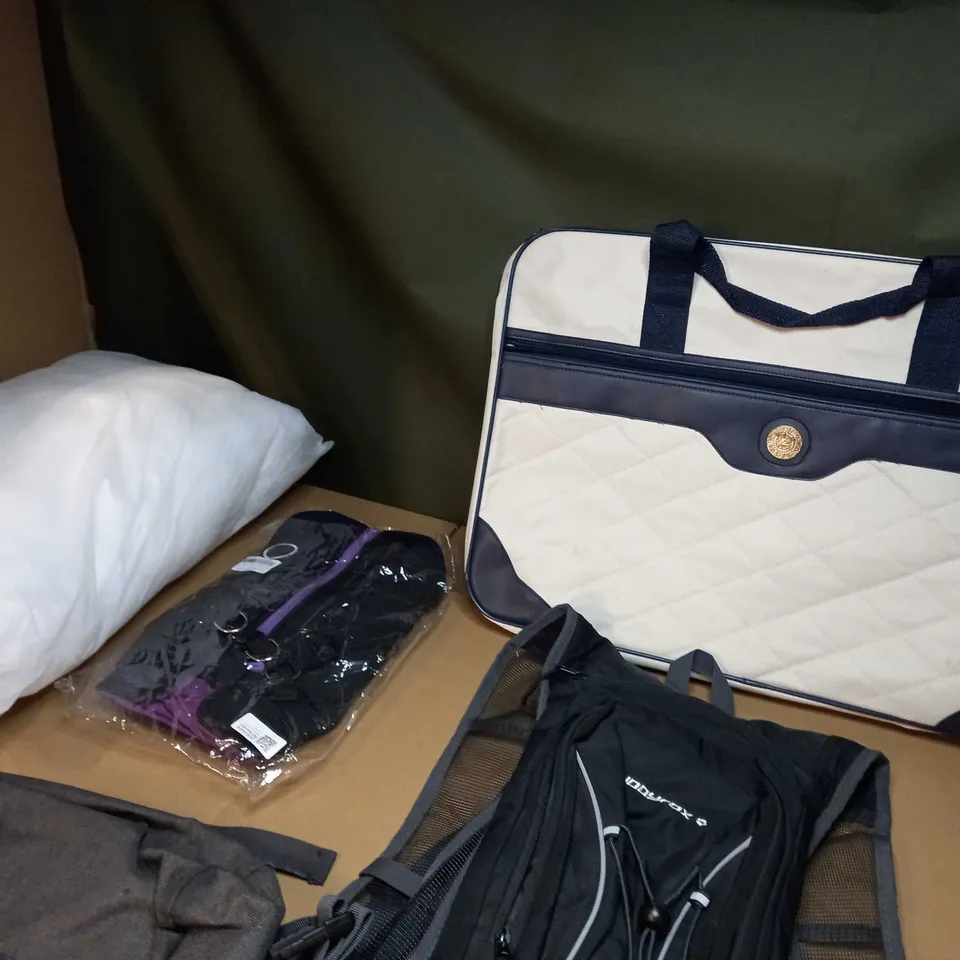 LARGE BOX OF APPROXIMATELY 15 ASSORTED HOUSEHOLD ITEMS TO INCLUDE: BAGS, DOG COAT, CUSHION