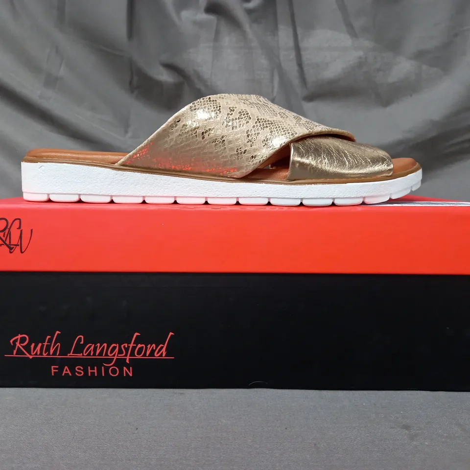 BOXED PAIR OF RUTH LANGSFORD FLAT SANDALS IN METALLIC CHAMPAGNE GOLD SIZE 5