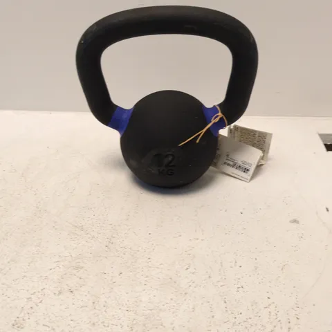 KETTLEBELL – 12 KG, BLACK WITH BLUE GRIP ACCENTS