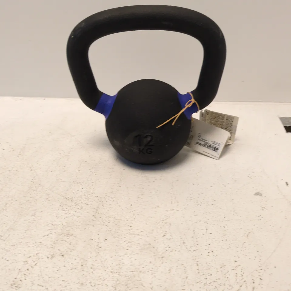 KETTLEBELL – 12 KG, BLACK WITH BLUE GRIP ACCENTS