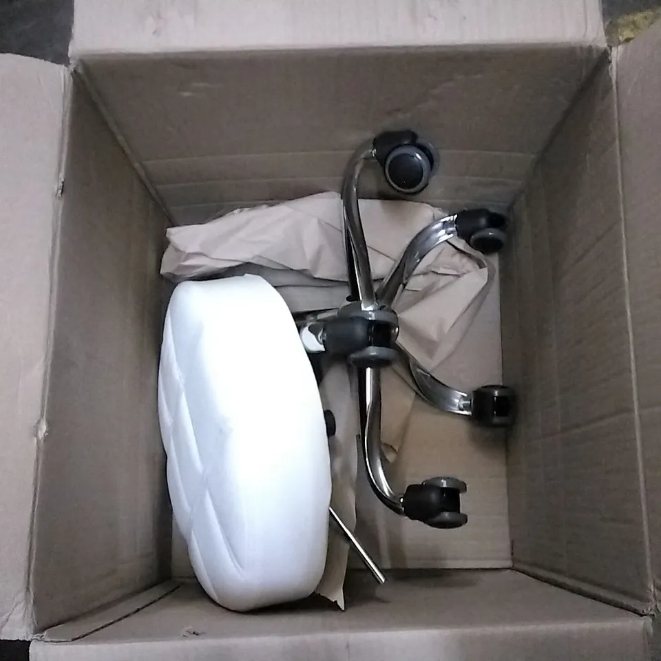 BOXED WHITE LEATHER PILLOWED ROTATING SWIVEL STOOL WITH ADJUSTABLE HEIGHT