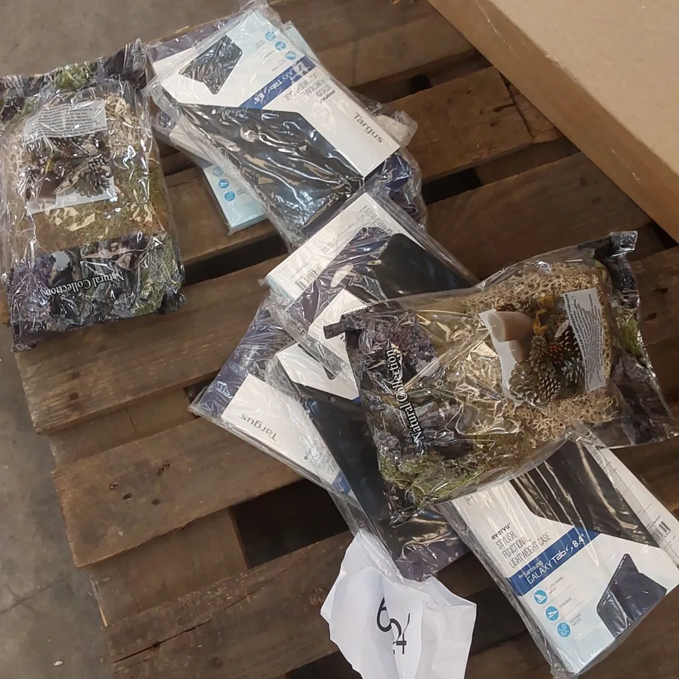 BOX TO CONTAIN A LARGE ASSORTMENT OF HOUSEHOLD GOODS INCLUDING; TABLET CASES, DECORATIVE NATURAL MOSS ETC